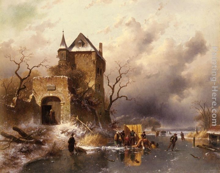 Charles Henri Joseph Leickert Skaters on a Frozen Lake by the Ruins of a Castle